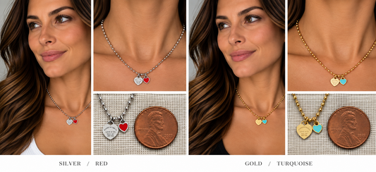 Two necklaces on mannequin busts with a blurred background