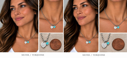 Two necklaces on mannequin busts with a blurred background