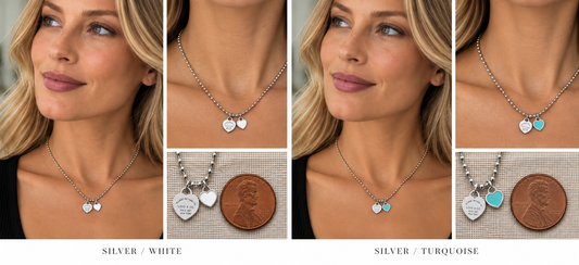 Two necklaces on mannequin busts with a blurred background
