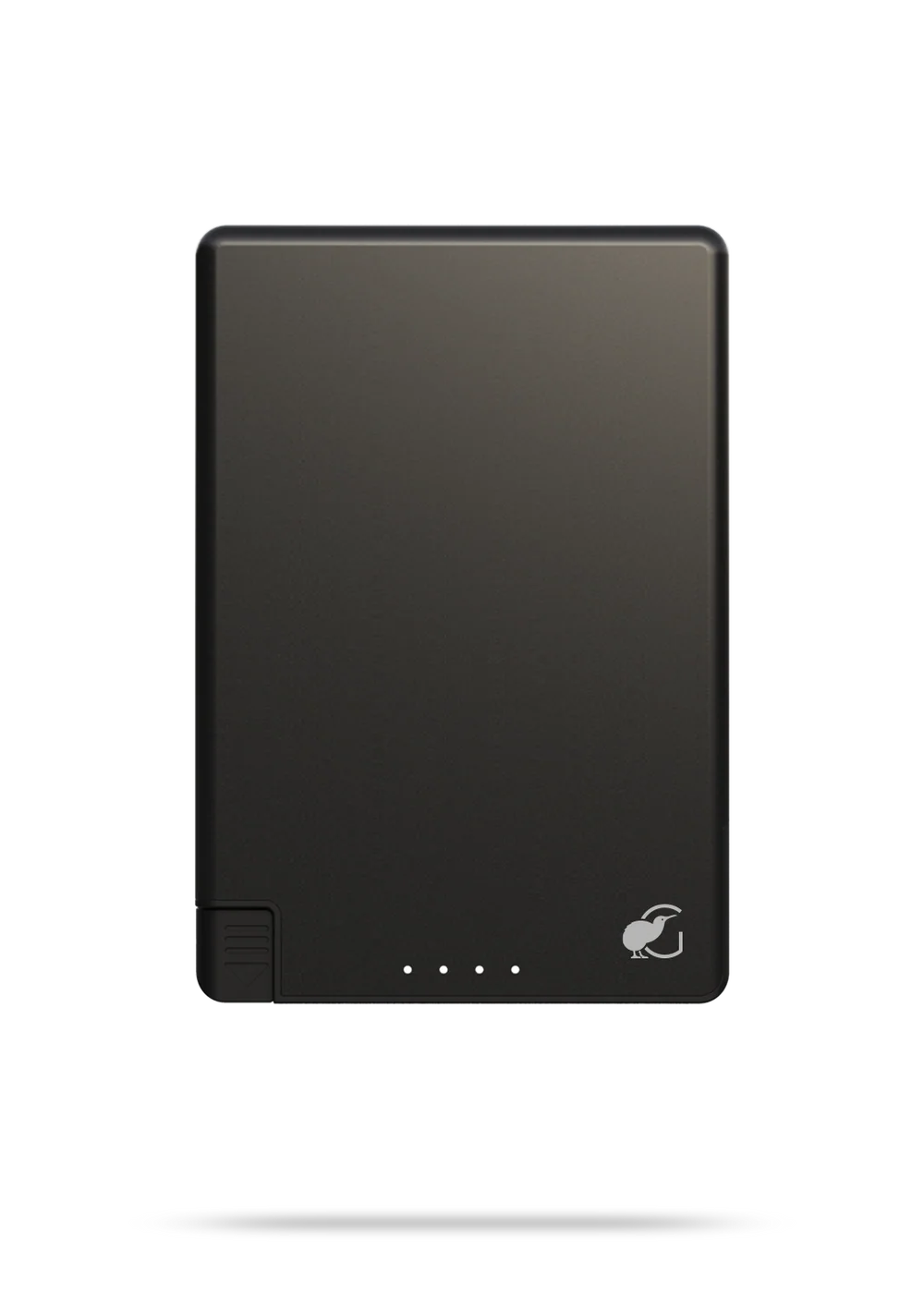 Black electronic device with a logo on a white background