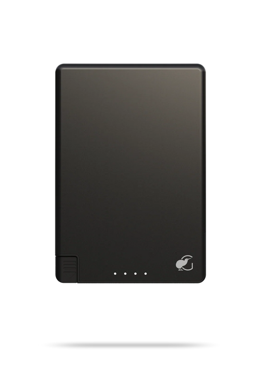 Black electronic device with a logo on a white background