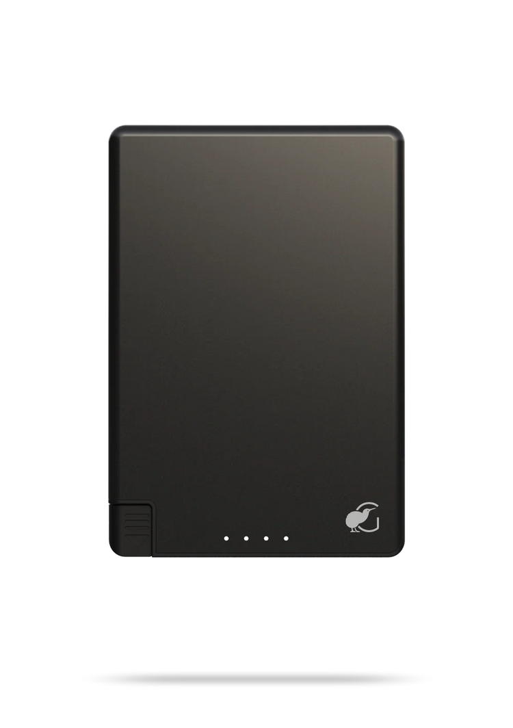 Black electronic device with a logo on a white background