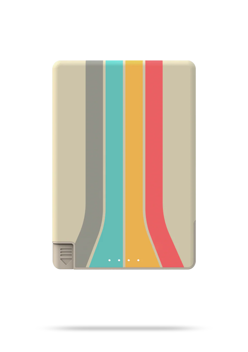 Rectangular device with colorful striped design on a beige background