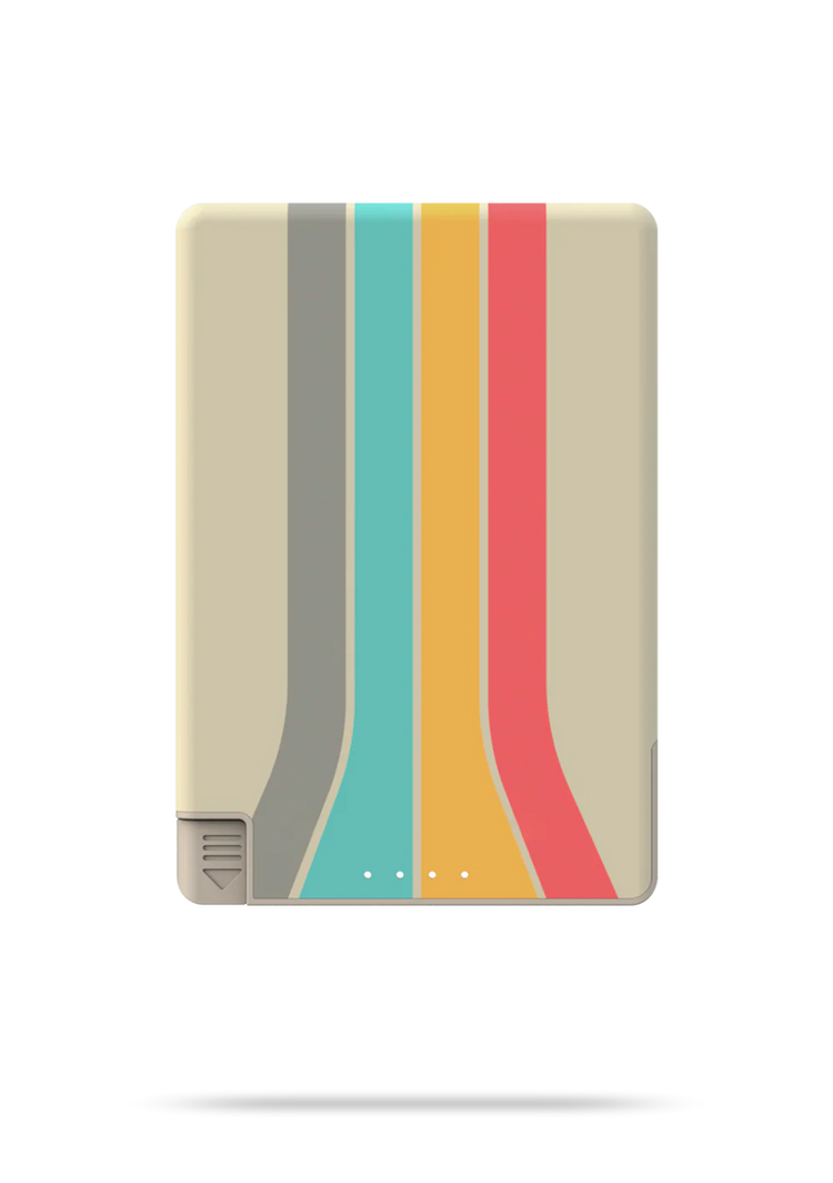 Rectangular device with colorful striped design on a beige background