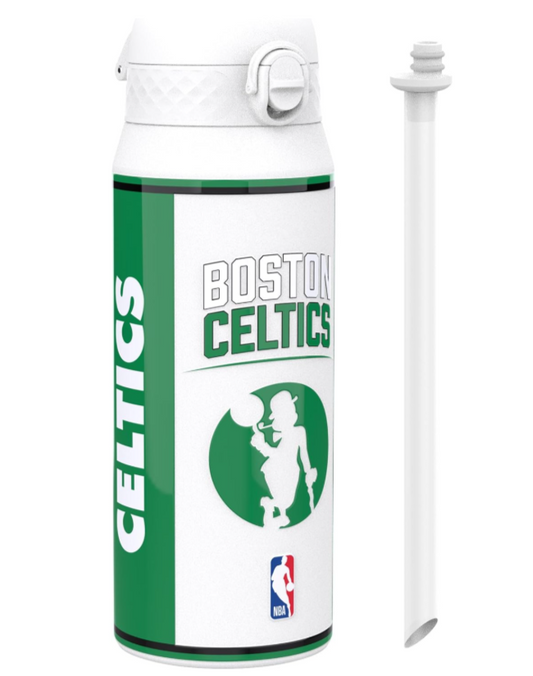 A Boston Celtics branded insulated can cooler with a flip-top lid, shown next to a white straw on a plain white background.