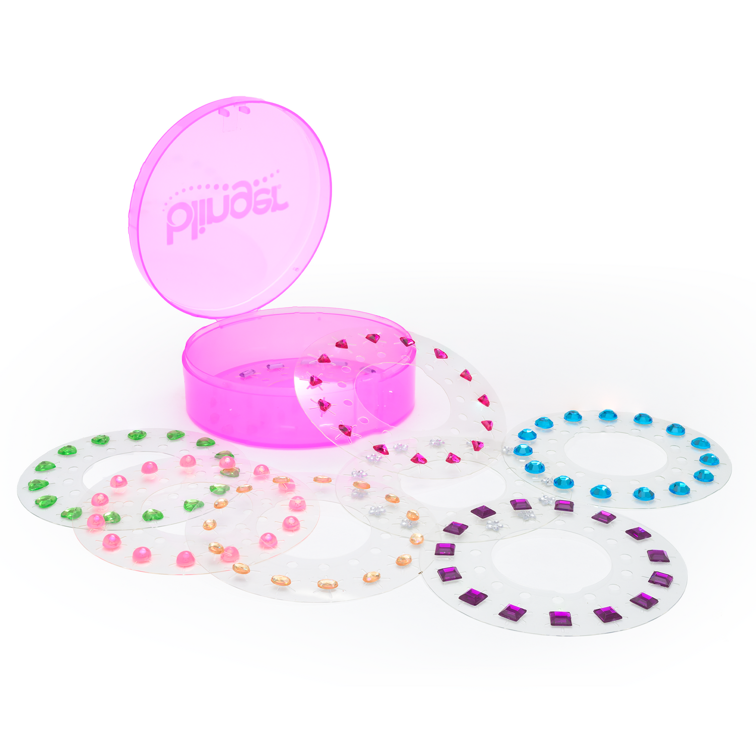 Pink lid with 'Pillies' branding, colorful beads on a white background