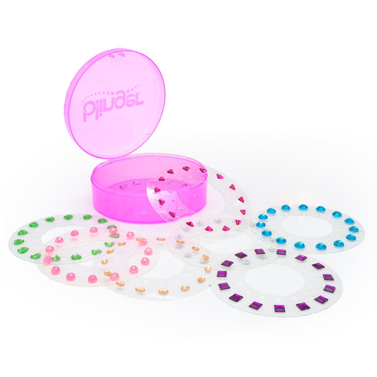 Pink lid with 'Pillies' branding, colorful beads on a white background