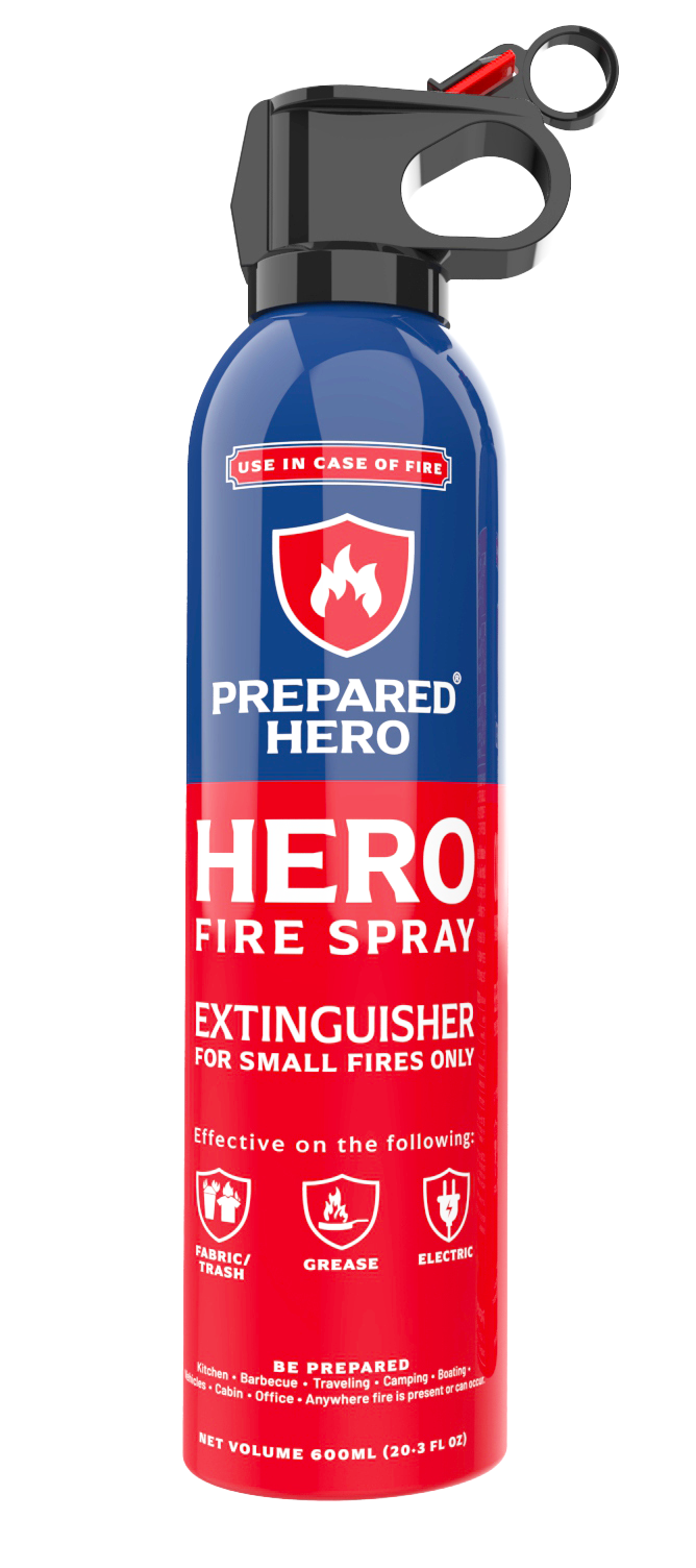Prepared Hero fire spray extinguisher on a white background