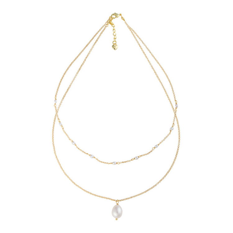 Two strand pearl necklace with tin cup and single large pearl