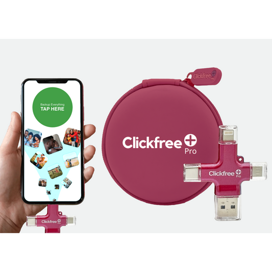 Clickfree Pro device with smartphone app display on a white background