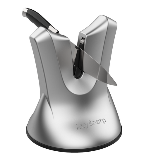 A black professional knife sharpener with a knife inserted into it, featuring the 'AnySharp' brand name on the side.