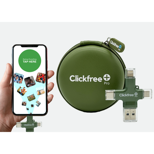 Clickfree Pro device with smartphone app display on a white background