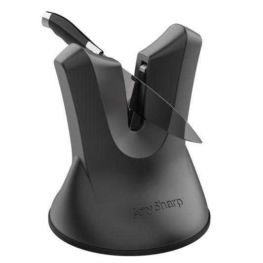 A black professional knife sharpener with a knife inserted into it, featuring the 'AnySharp' brand name on the side.