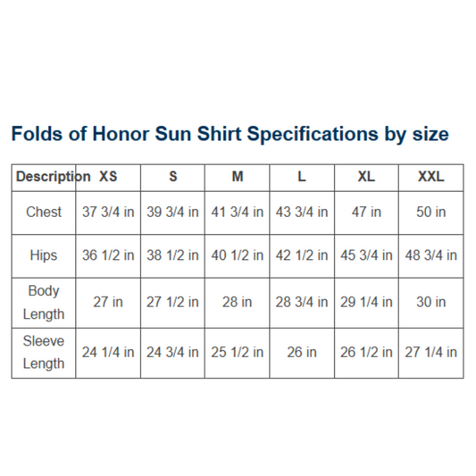 Woman sitting and wearing Folds of Honor Sun Shirt.