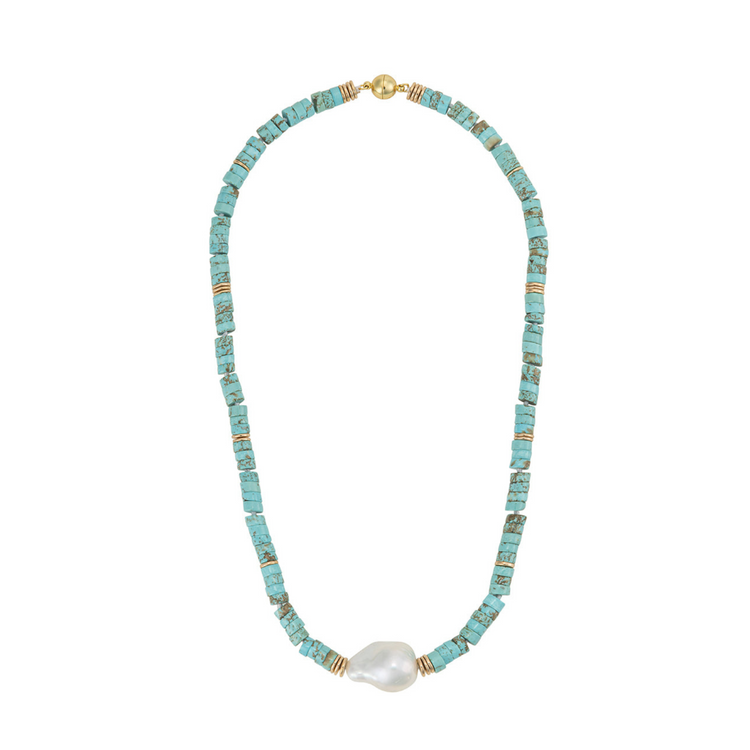 Blue Turquoise, Hematite and Biwa Pearl Necklace