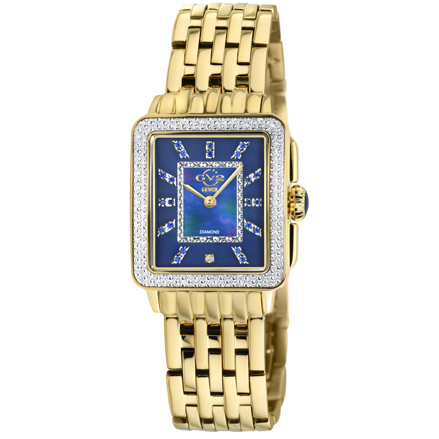 A GV2 Women's Padova Gemstones Swiss Diamond Watch with a mother-of-pearl dial, diamond-cut ring, and multicolored gemstones on a brown leather bracelet.