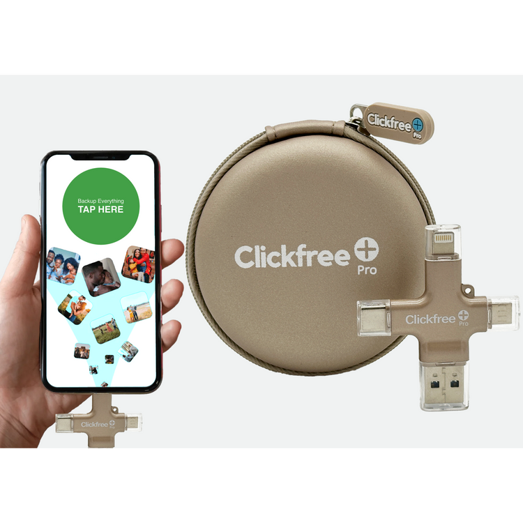 Clickfree Pro device with a phone displaying app interface on a white background