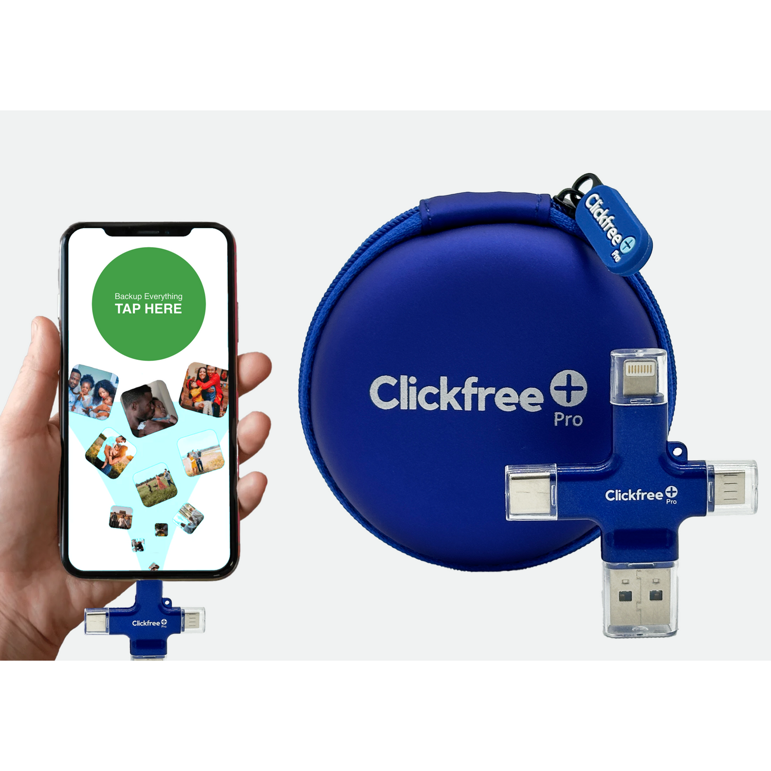 A red ClickFree Pro 128GB universal photo and video backup device with a USB connector and a smartphone displaying the ClickFree app.
