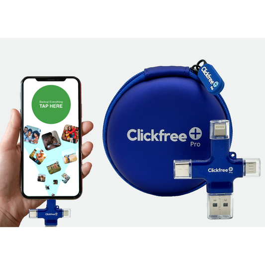 Clickfree Pro device with smartphone app display on a white background
