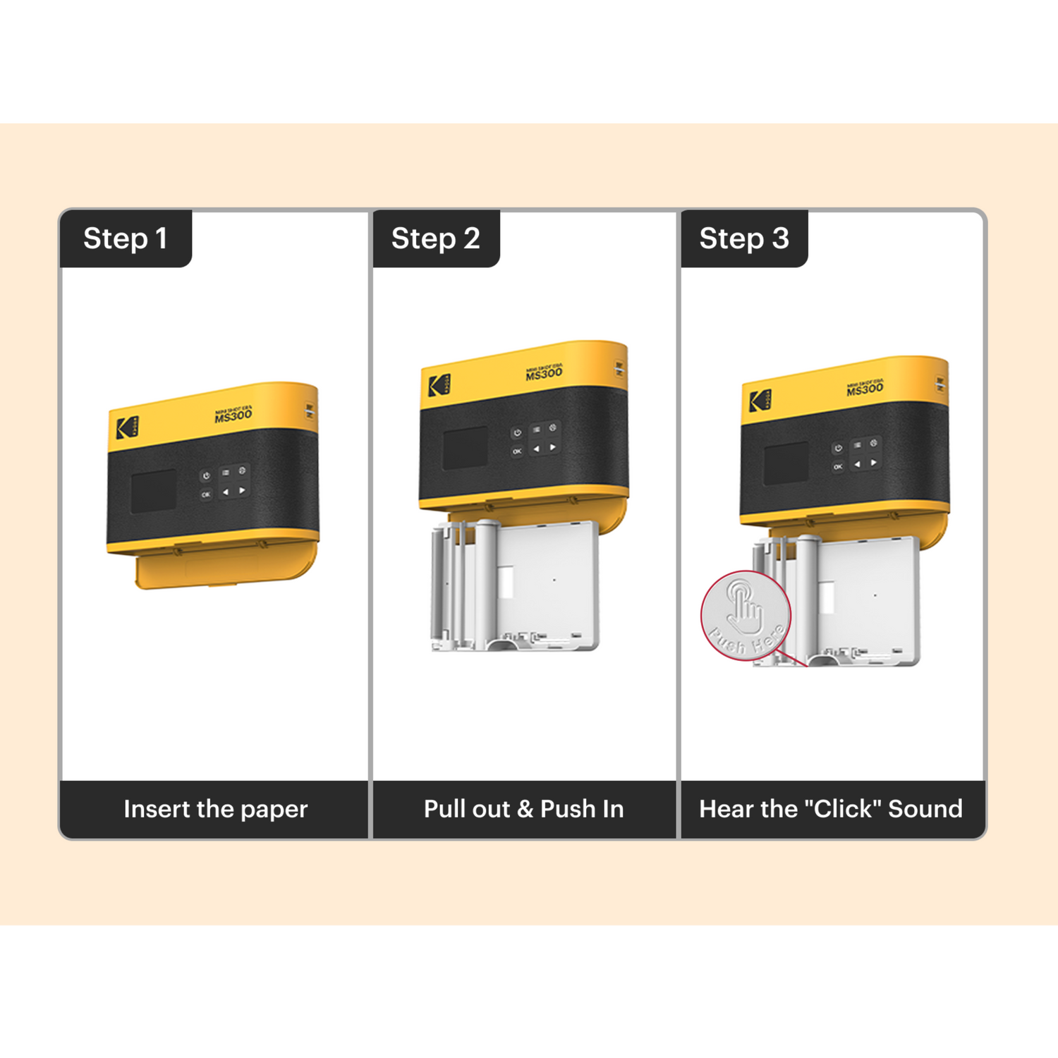 Step-by-step guide on using a Kodak printer with images and text labels.