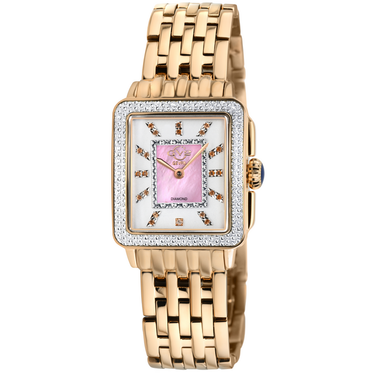 A GV2 Women's Padova Gemstones Swiss Diamond Watch with a mother-of-pearl dial, diamond-cut ring, and multicolored gemstones on a brown leather bracelet.