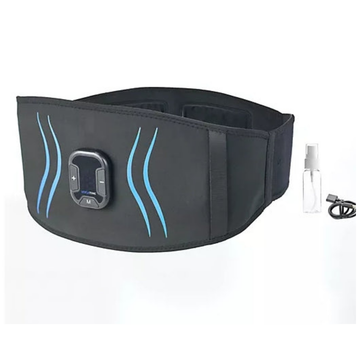 Black waist trainer with digital display and accessories on a white background