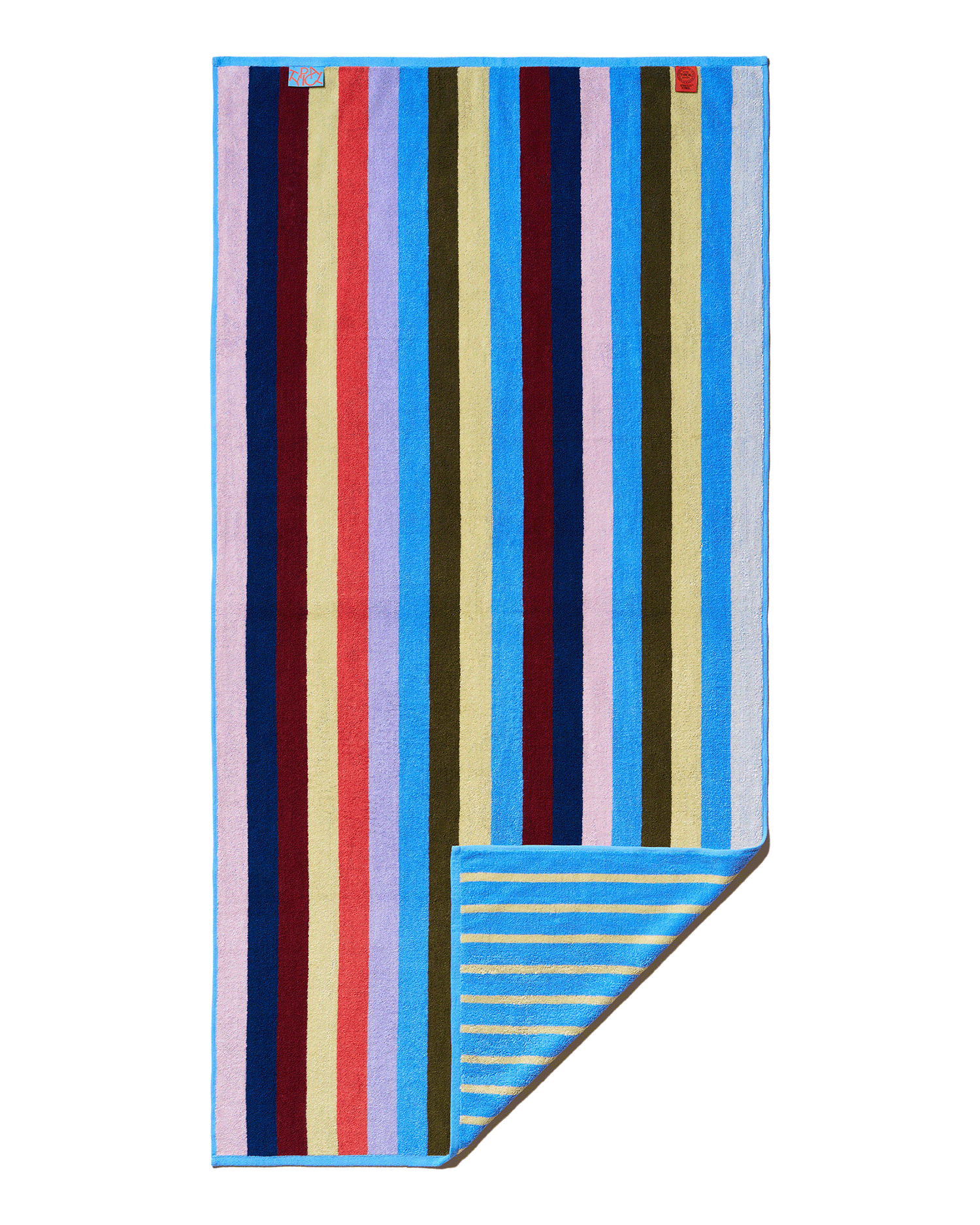 Colorful striped towel with a black border on a white background