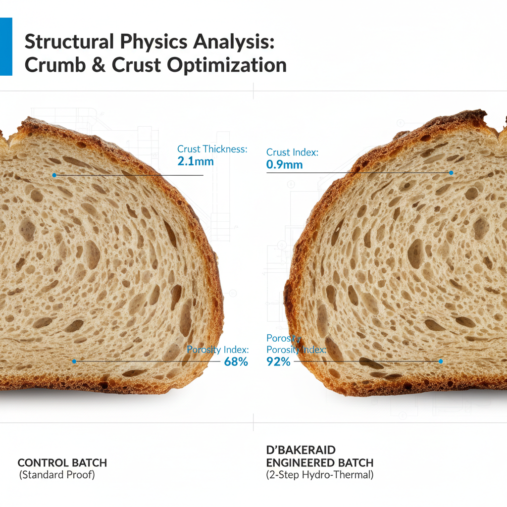 Two slices of bread labeled 'Control Batch' and 'D'Bakeraid Engineered Batch' with measurements on a white background.