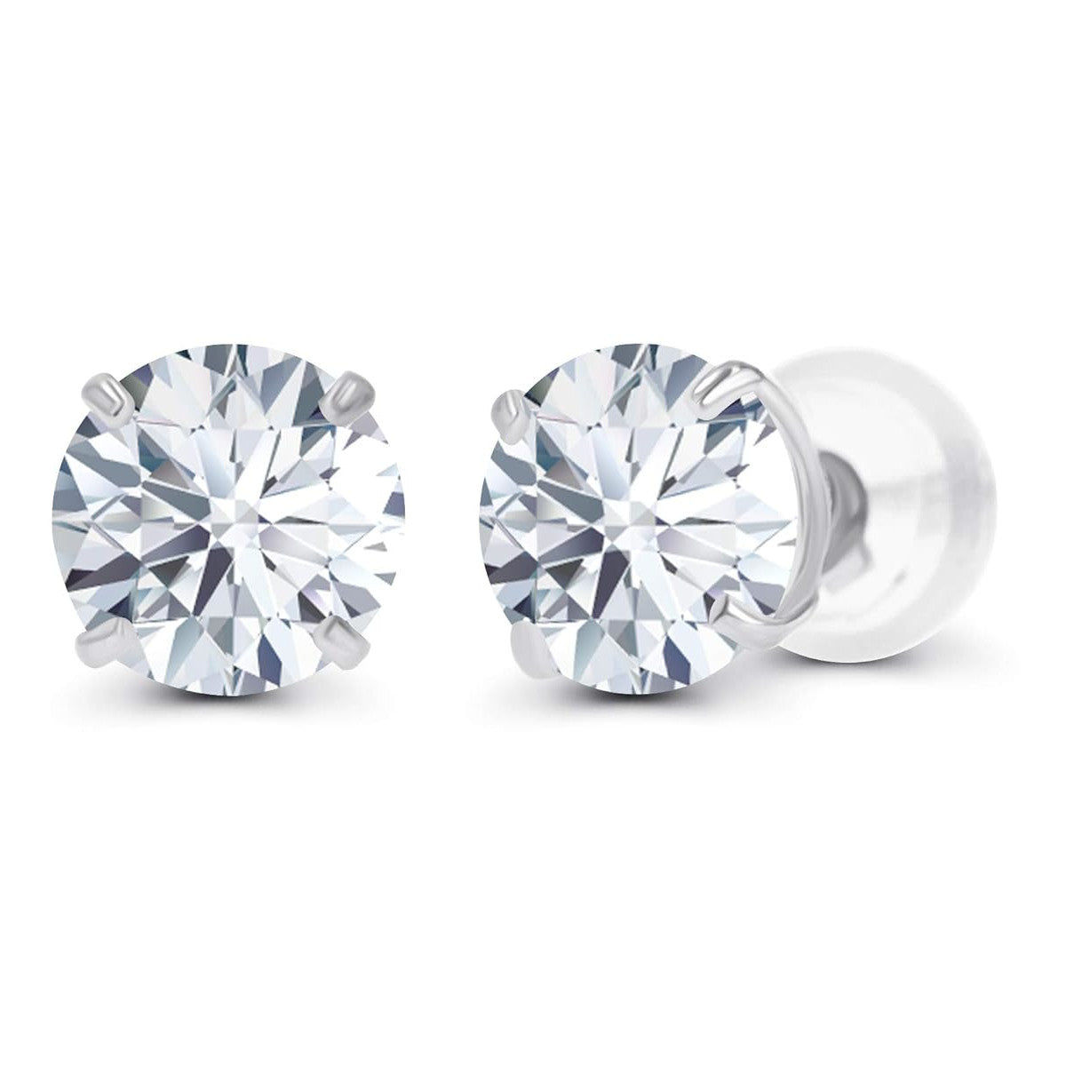 Pair of silver stud earrings with clear gemstones on a white background