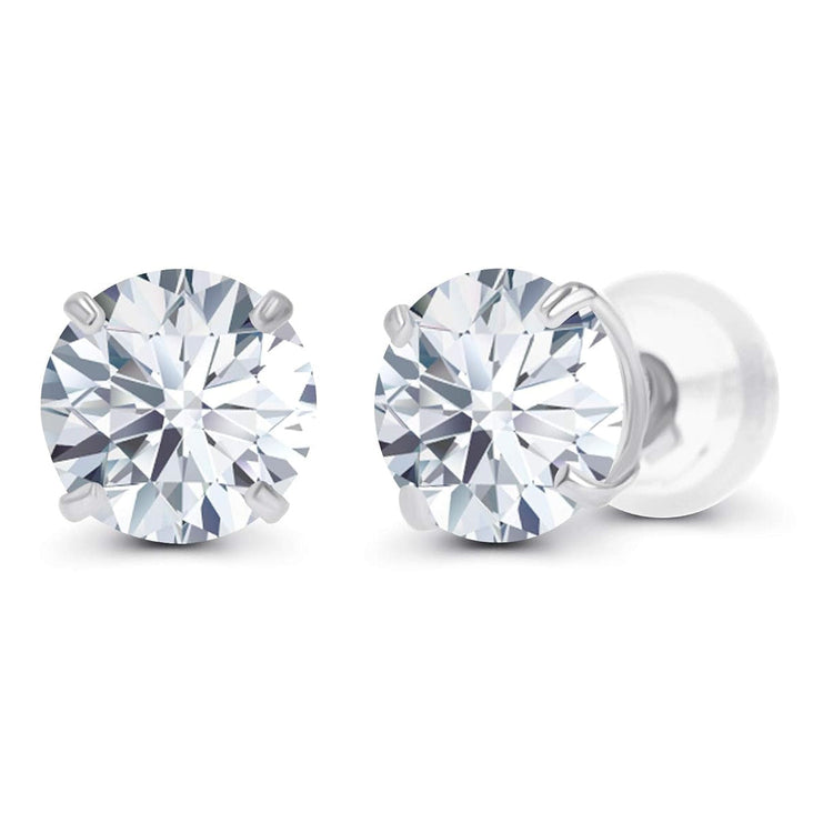 Pair of silver stud earrings with clear gemstones on a white background