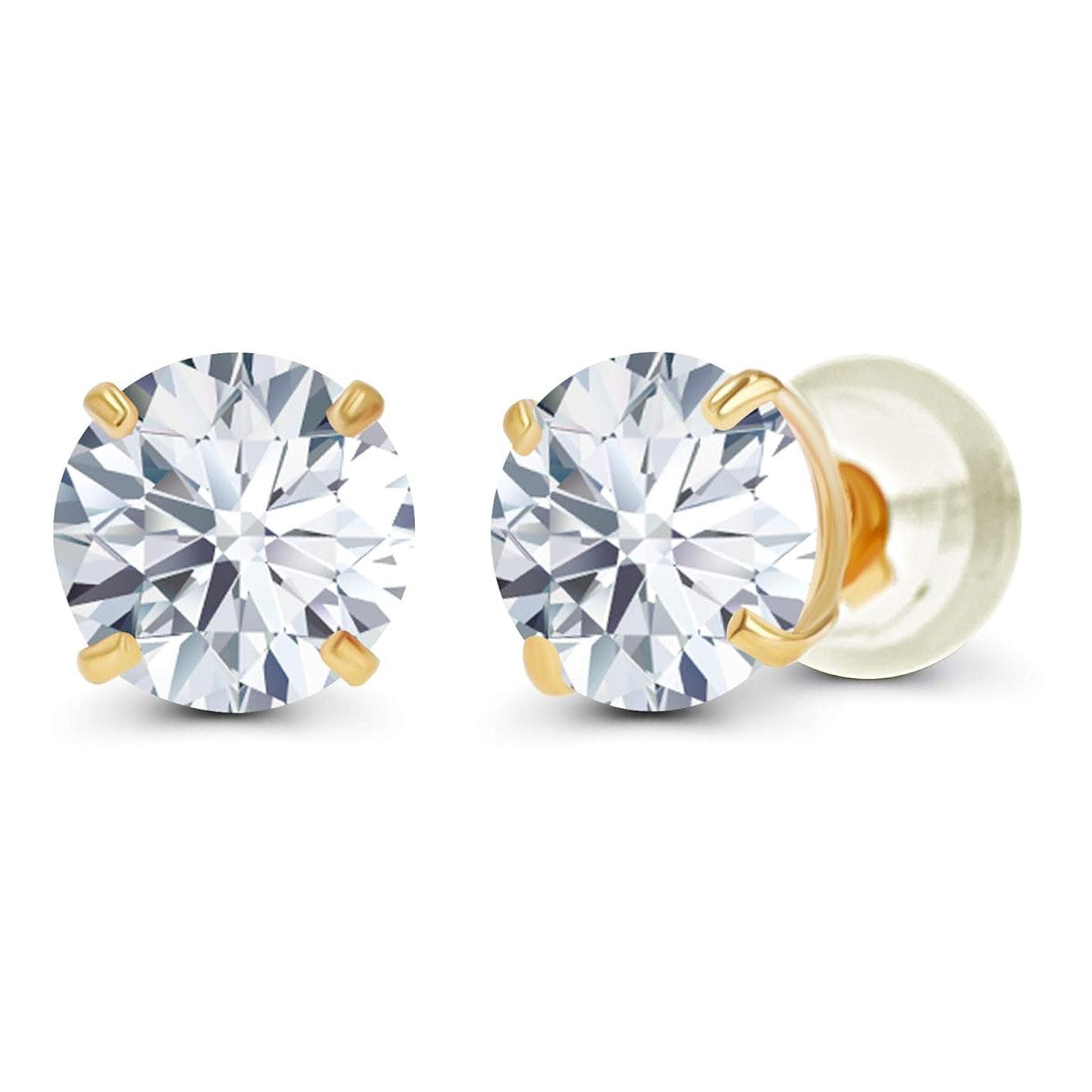 Gold earrings with clear gemstones on a white background