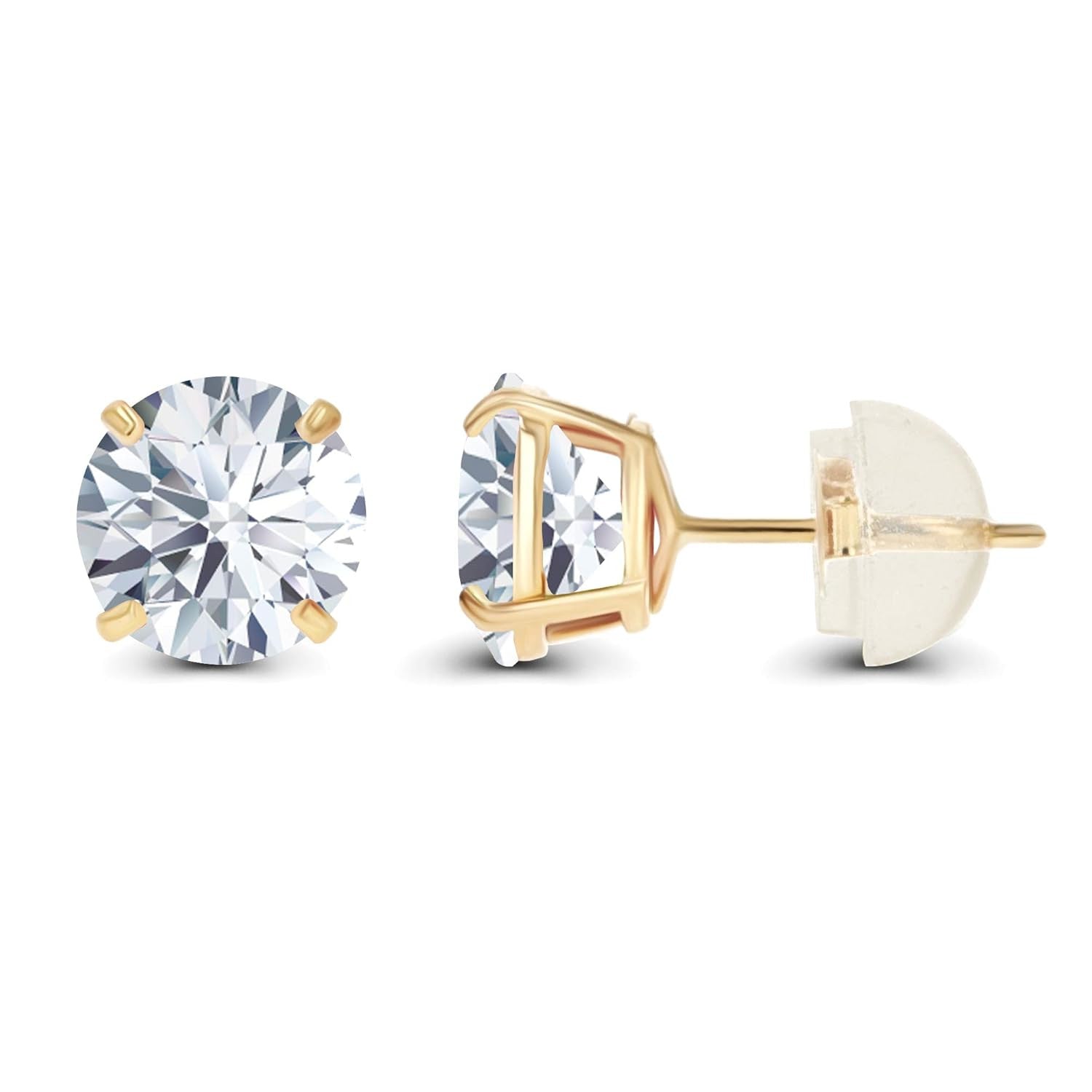 Gold stud earrings with clear gemstones on a white background