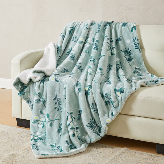 Ultra-Soft Velvet Plush Reversible Sherpa Fleece Blanket - Snowy Botanical (Throw)