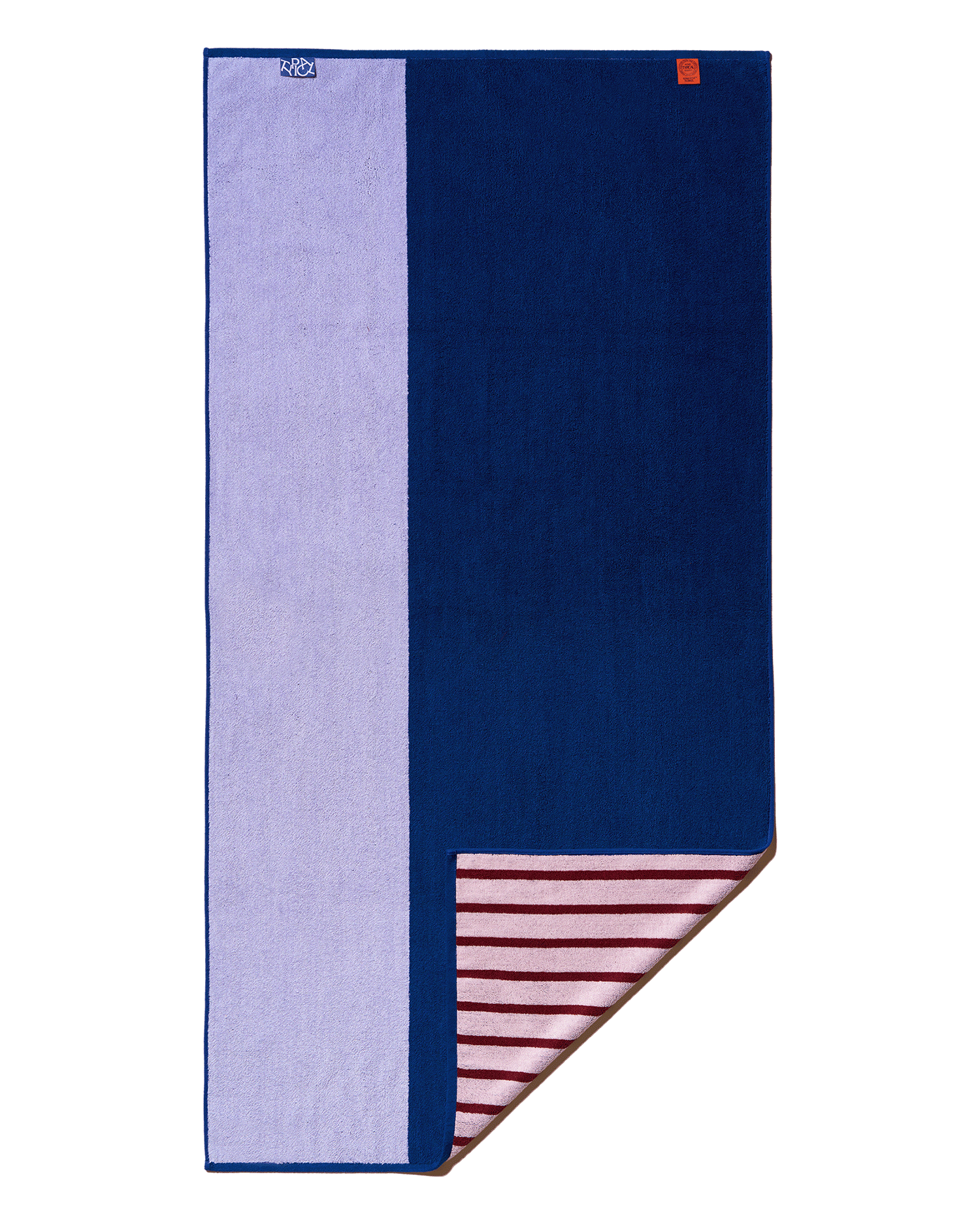 Navy blue towel with a pink stripe on a white background