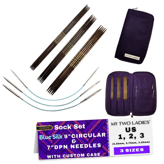Set of knitting needles with packaging and case on a white background