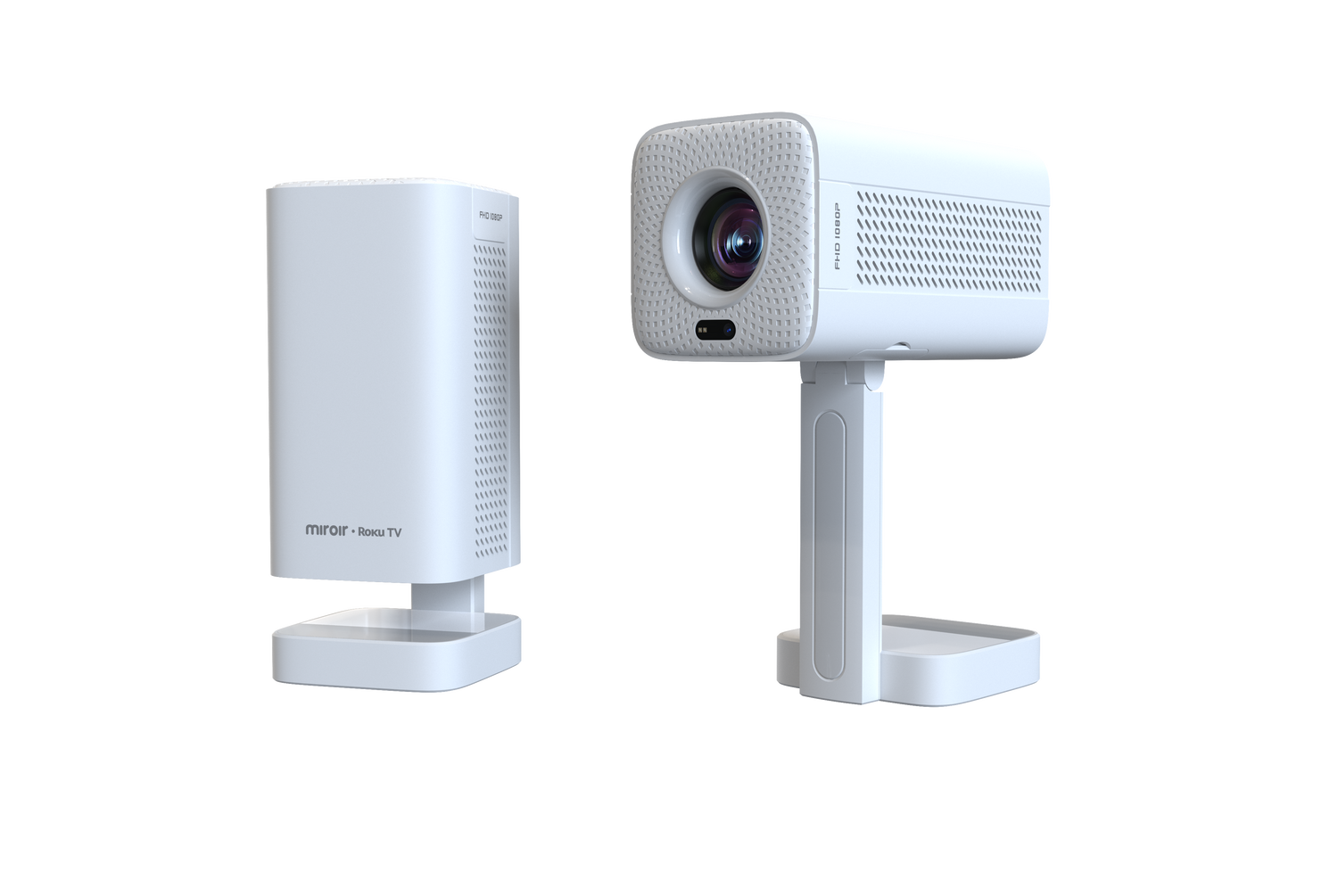 Two white electronic devices on a white background