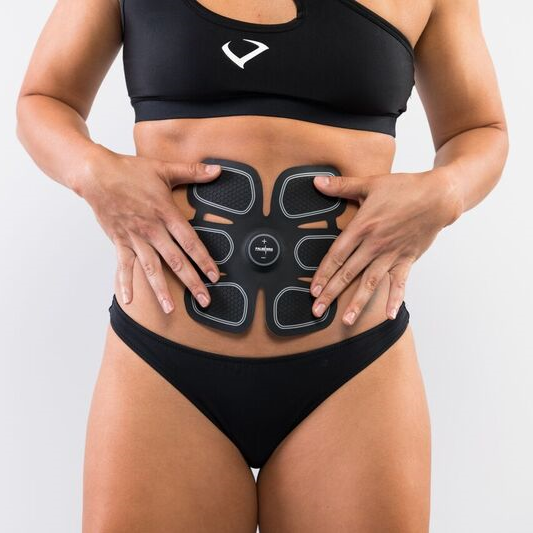 Black abdominal exercise pad with brand logo on a white background