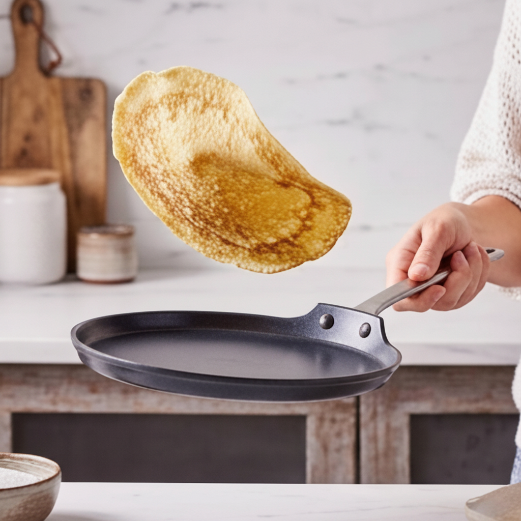 Person holding a black frying pan with a golden pancake above it in a kitchen setting.