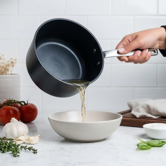 Set of black cookware with silver lids on a white background