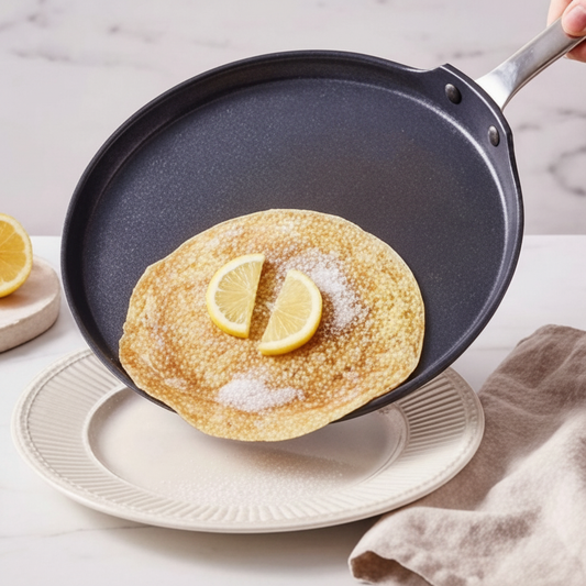 Black frying pan with a silver handle on a white background