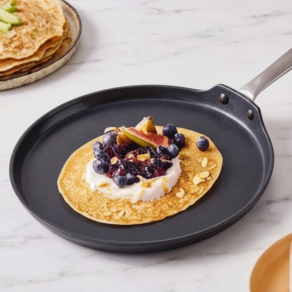 Pancake with fruit toppings on a frying pan on a marble surface