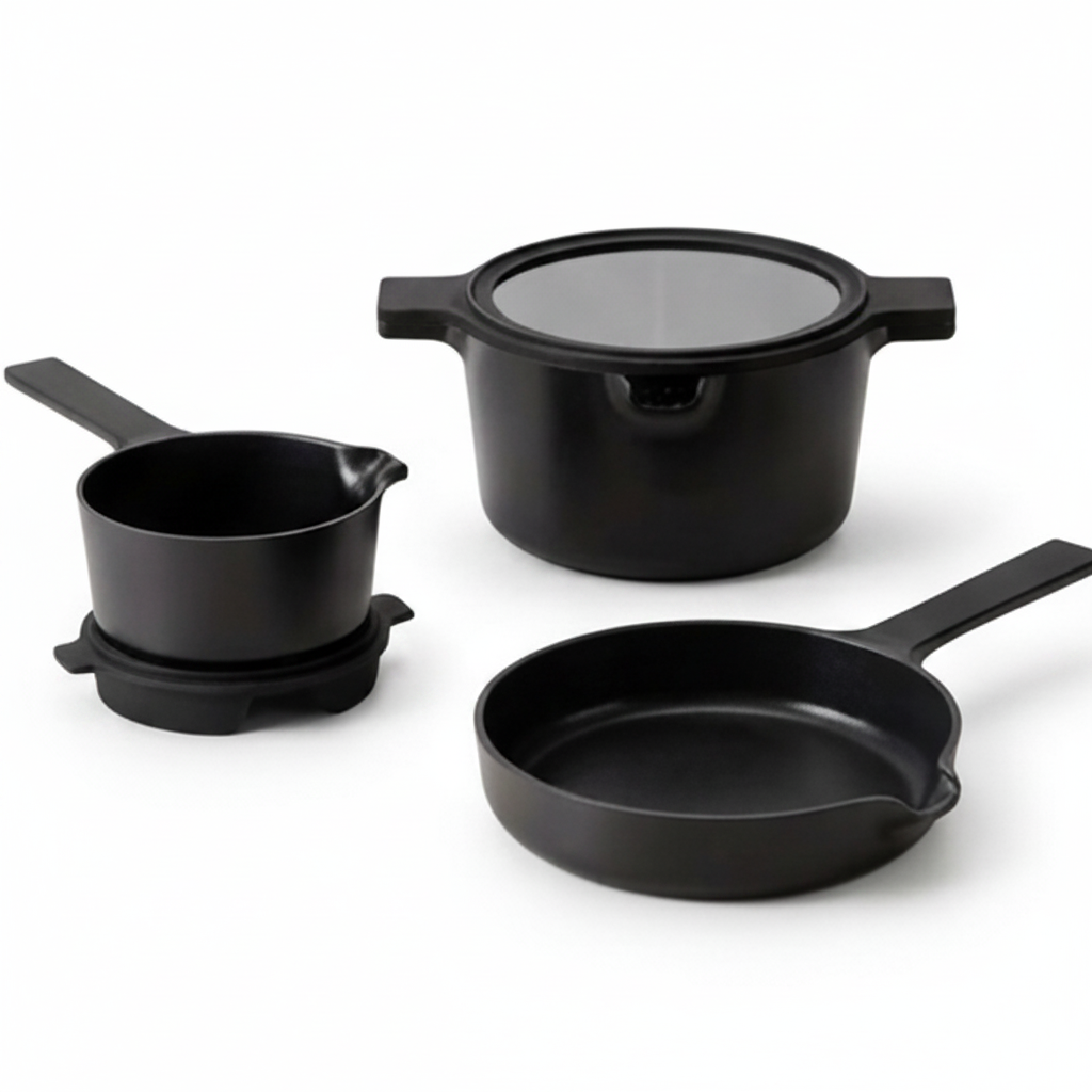 Set of black cookware including a pot, saucepan, and frying pan on a white background