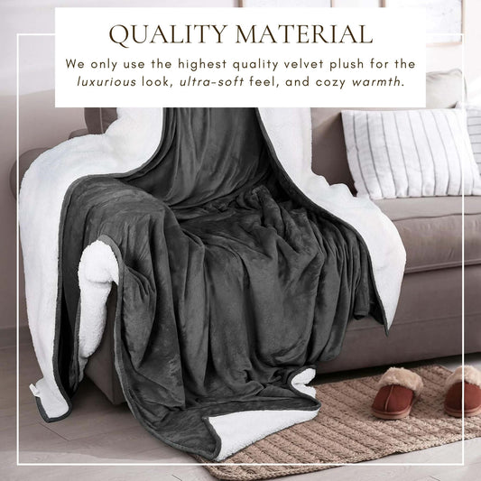 Ultra-Soft Velvet Plush Reversible Sherpa Fleece Blanket - Grey