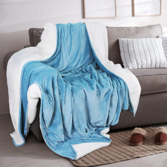 Ultra-Soft Velvet Plush Reversible Sherpa Fleece Blanket - Washed Blue