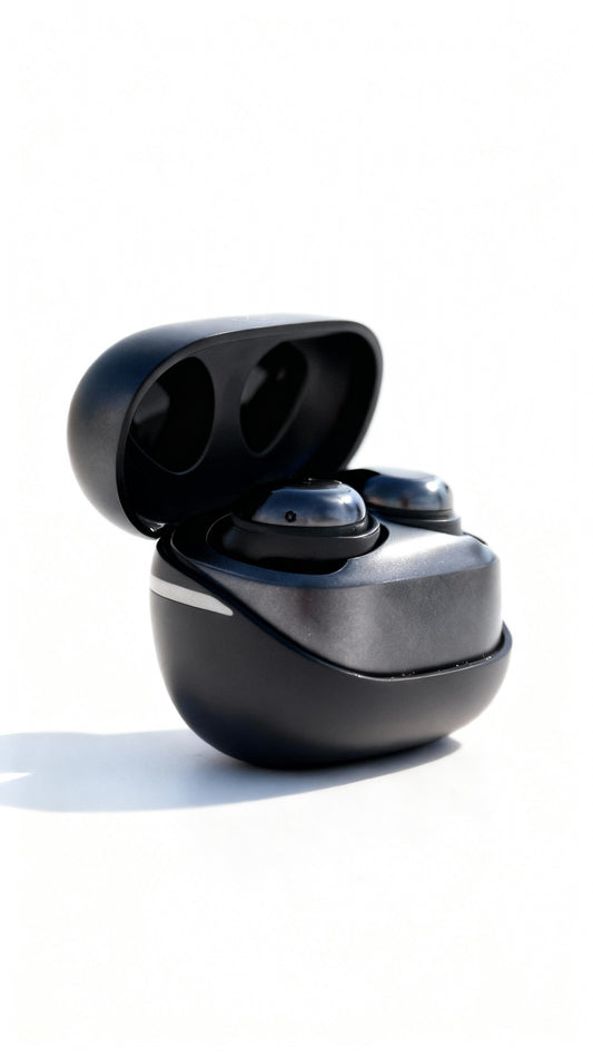 Black wireless earbuds in a charging case on a white background