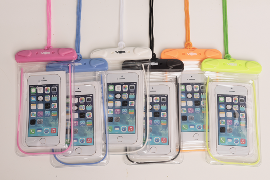 Five clear waterproof phone pouches with wrist straps in pink, blue, white, black, and lime green, each containing a white smartphone, arranged side by side on a white background.