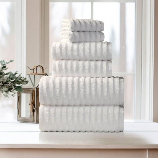 6 Piece Ribbed 100% Egyptian Cotton Towel Set - White