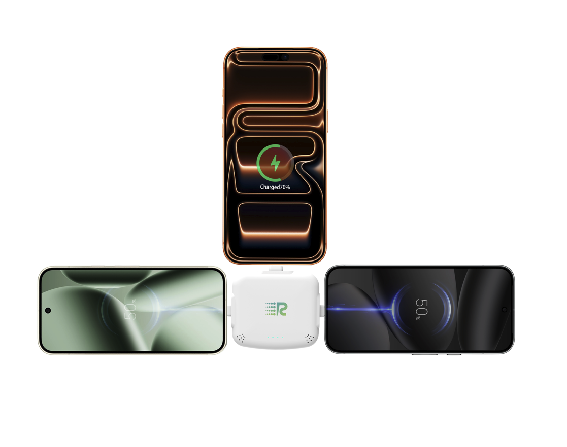 A white wireless charging dock with a green logo in the center, shown with three smartphones above and below it on a plain white background. The top phone displays a wireless charging interface with 100% charge.