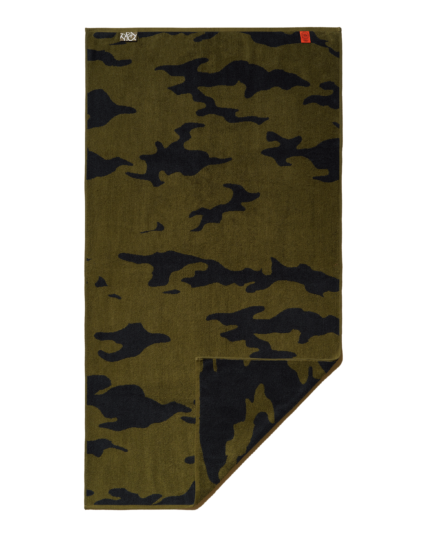 Camouflage-patterned towel with a brand logo on a black background