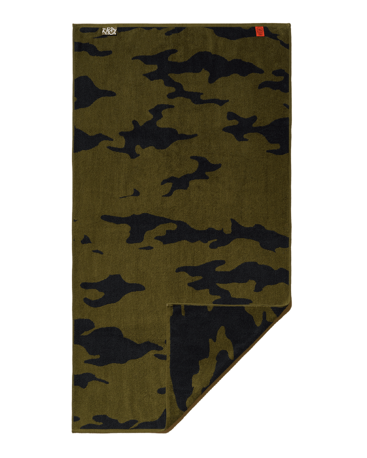 Camouflage-patterned towel with a brand logo on a black background